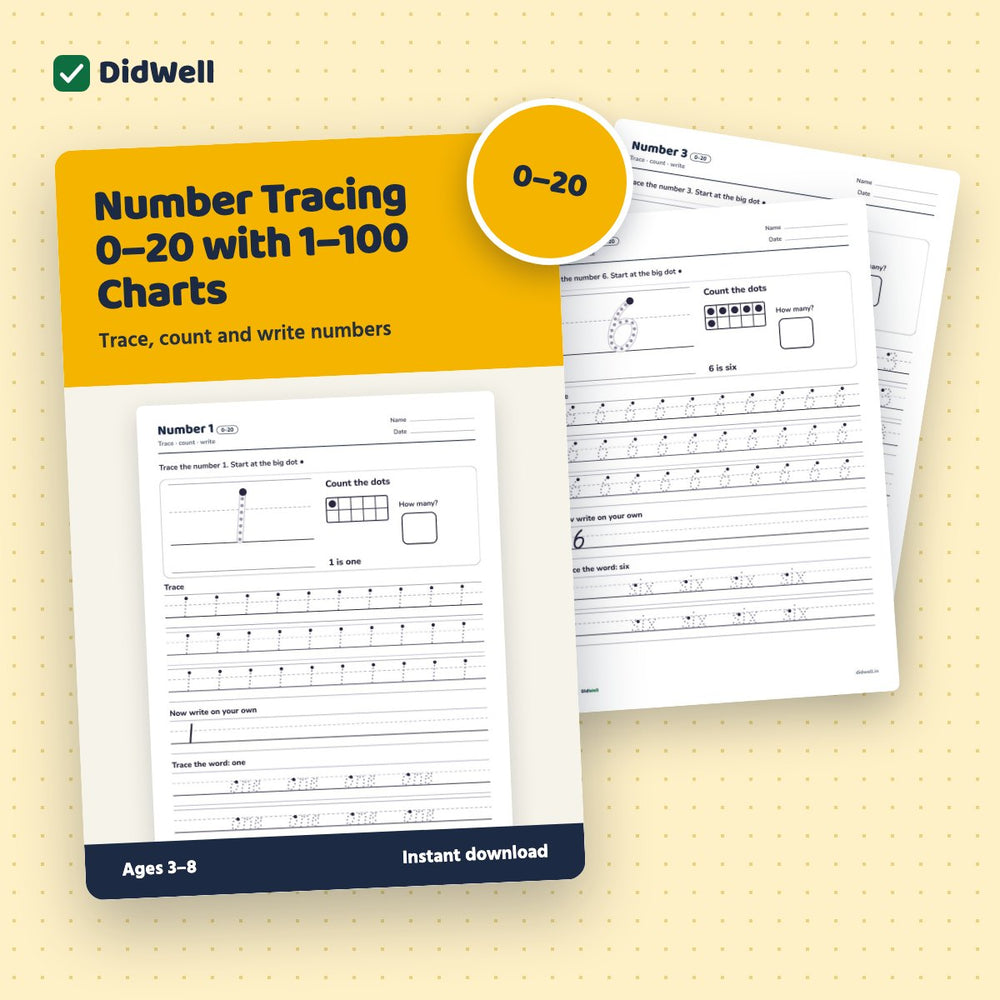 Number Tracing 0–20 with 1–100 Charts