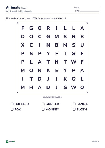 Animals Easy (Word Search)