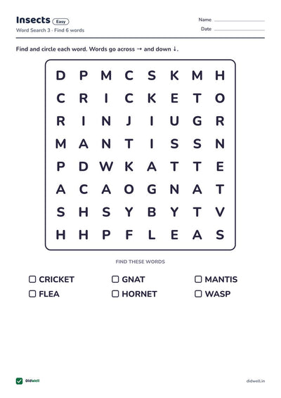 Insects Easy (Word Search)