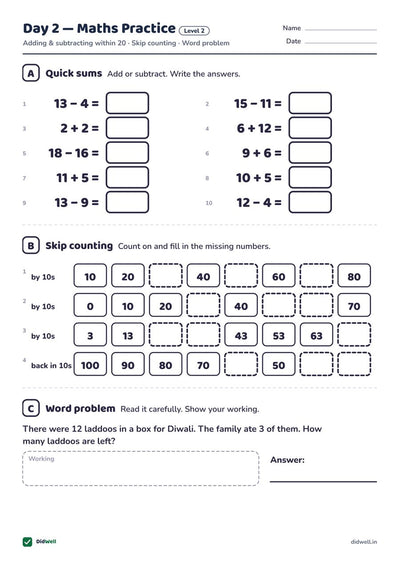 Day 2 Maths Practice, Level 2