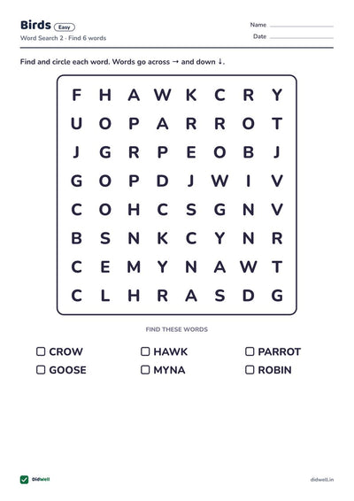 Birds Easy (Word Search)