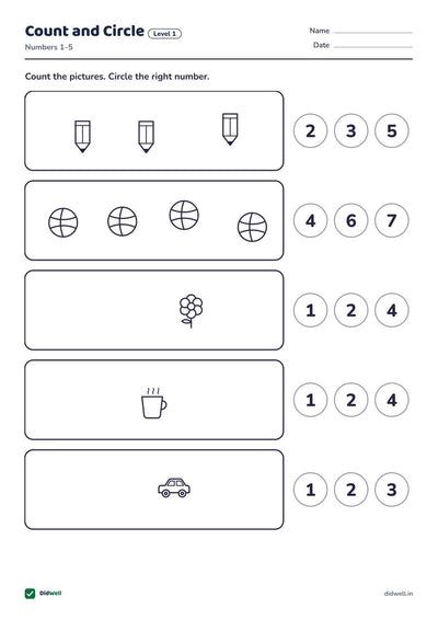 Count and Circle Level 1 Numbers